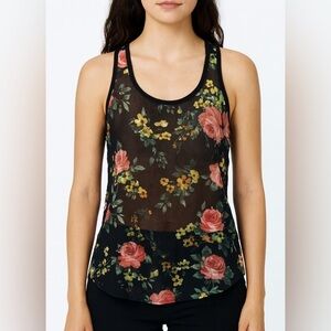 Abound Sheer Floral Roses Sleeveless Racer back Black Pink Blouse Size M
